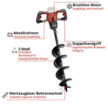Einhell Akku-Erdbohrer mit bürstenlosem Motor, Metallrahmen, ergonomischem Doppelhandgriff, drei Betriebsmodi und werkzeuglosem Bohrerwechsel.