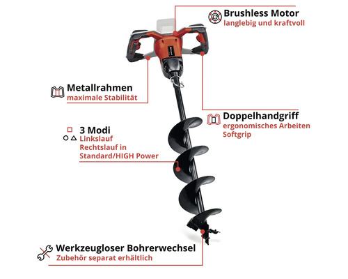 Einhell Akku-Erdbohrer mit bürstenlosem Motor, Metallrahmen, ergonomischem Doppelhandgriff, drei Betriebsmodi und werkzeuglosem Bohrerwechsel.