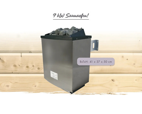 Saunaofen aus Edelstahl mit 9 Kilowatt Leistung und Saunasteinen, Maße 41 mal 37 mal 50 Zentimeter.