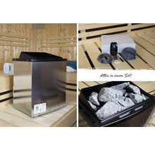 Sauna-Set bestehend aus einem Saunaofen aus Edelstahl, einer Steuerung mit digitalem Display und Anschlusskabeln sowie Saunasteinen.