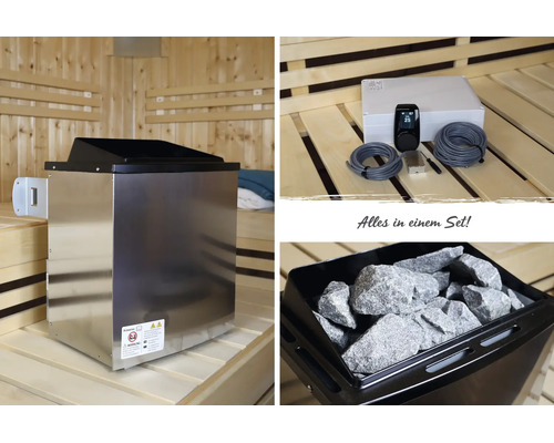 Sauna-Set bestehend aus einem Saunaofen aus Edelstahl, einer Steuerung mit digitalem Display und Anschlusskabeln sowie Saunasteinen.