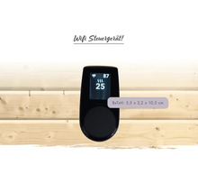 WiFi-Steuergerät für die Sauna, Breite 5,5 mal Tiefe 2,2 mal Höhe 10,5 Zentimeter, montiert auf einer Holzwand.