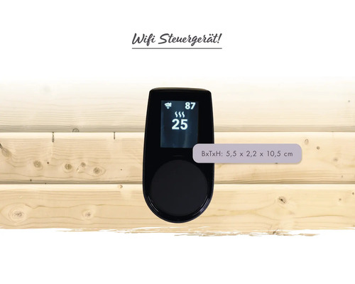 WiFi-Steuergerät für die Sauna, Breite 5,5 mal Tiefe 2,2 mal Höhe 10,5 Zentimeter, montiert auf einer Holzwand.