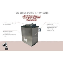 Karibu 9 Kilowatt Saunaofen Finnisch aus Edelstahl inklusive Saunasteinen, TÜV-zertifiziert, Maße 41 mal 50 mal 37 Zentimeter.