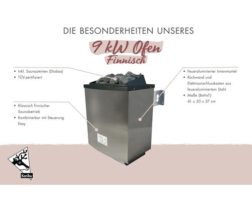 Karibu 9 Kilowatt Saunaofen Finnisch aus Edelstahl inklusive Saunasteinen, TÜV-zertifiziert, Maße 41 mal 50 mal 37 Zentimeter.