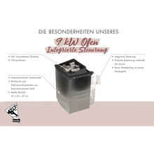 Karibu 9 Kilowatt Saunaofen mit integrierter Steuerung, inklusive Saunasteinen, TÜV-zertifiziert, Maße 41 mal 50 mal 37 Zentimeter. Karibu Logo