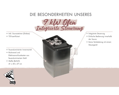 Karibu 9 Kilowatt Saunaofen mit integrierter Steuerung, inklusive Saunasteinen, TÜV-zertifiziert, Maße 41 mal 50 mal 37 Zentimeter. Karibu Logo