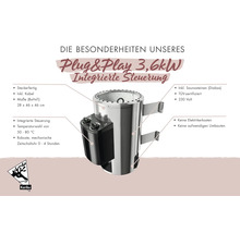 Karibu Saunaofen Plug und Play 3,6 Kilowatt mit integrierter Steuerung, Zeitschaltuhr und Saunasteinen sowie technischen Details und Karibu Logo.