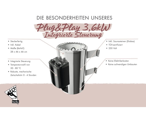 Karibu Saunaofen Plug und Play 3,6 Kilowatt mit integrierter Steuerung, Zeitschaltuhr und Saunasteinen sowie technischen Details und Karibu Logo.