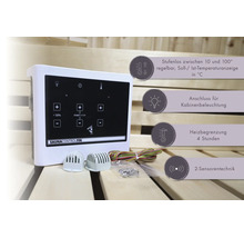 Karibu Saunasteuerung FIN mit digitalem Touch-Display, zwei Sensoren und Anschlusskabeln vor einer Saunawand aus Holz.