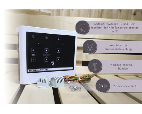 Karibu Saunasteuerung FIN mit digitalem Touch-Display, zwei Sensoren und Anschlusskabeln vor einer Saunawand aus Holz.