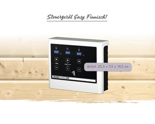 Sauna-Steuergerät Easy Finnisch mit digitaler Anzeige für Temperatur und Zeit, Maße 23,5 mal 7,5 mal 19,5 Zentimeter.