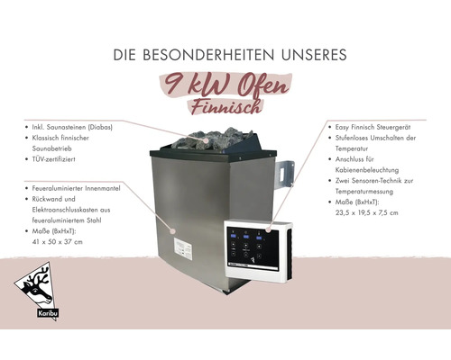 Karibu 9 Kilowatt Saunaofen Finnisch inklusive Saunasteinen und digitalem Steuergerät.