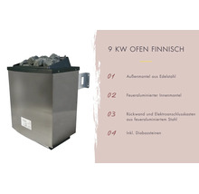 Finnischer Saunaofen 9 Kilowatt mit Edelstahl-Außenmantel und Diabassteinen.