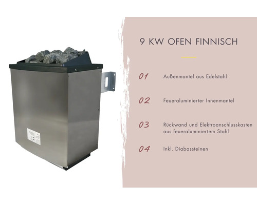 Finnischer Saunaofen 9 Kilowatt mit Edelstahl-Außenmantel und Diabassteinen.