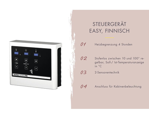 Digitales Steuergerät für finnische Saunen mit Temperaturanzeige zwischen 10 und 100 Grad Celsius, Heizbegrenzung und Lichtanschluss.
