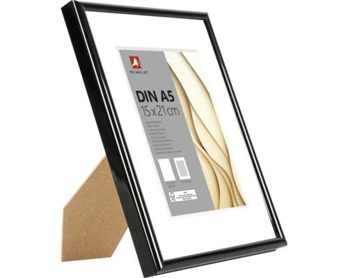 Kunststoffbilderrahmen Schwarz DIN A5 15 mal 21 Zentimeter mit Passepartout und Aufsteller.