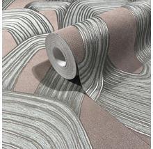Strukturierte Tapete mit abstraktem Wellenmuster in Grau und Taupe.