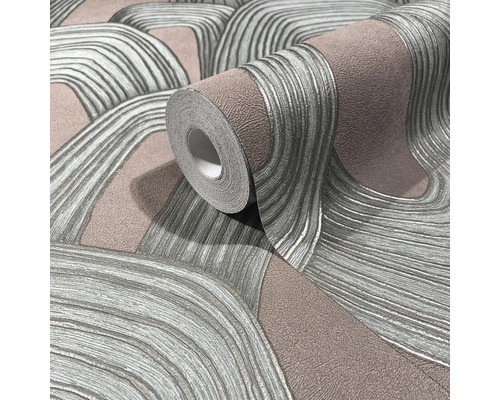 Strukturierte Tapete mit abstraktem Wellenmuster in Grau und Taupe.