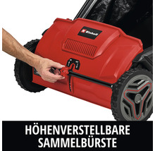 Einhell Laub- und Gras-Sammler mit höhenverstellbarer Sammelbürste, manuelle Einstellung über Drehknopf. Einhell Logo.