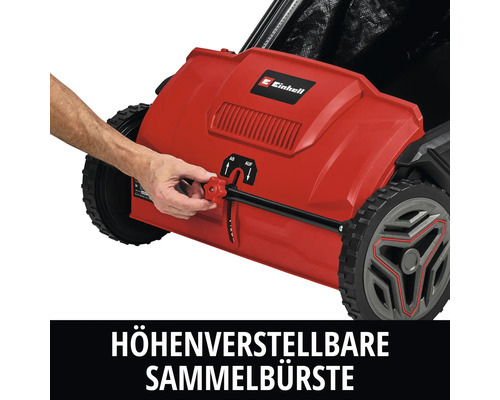 Einhell Laub- und Gras-Sammler mit höhenverstellbarer Sammelbürste, manuelle Einstellung über Drehknopf. Einhell Logo.