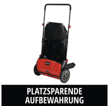 Einhell Vertikutierer in platzsparender, zusammengeklappter Aufbewahrungsposition.