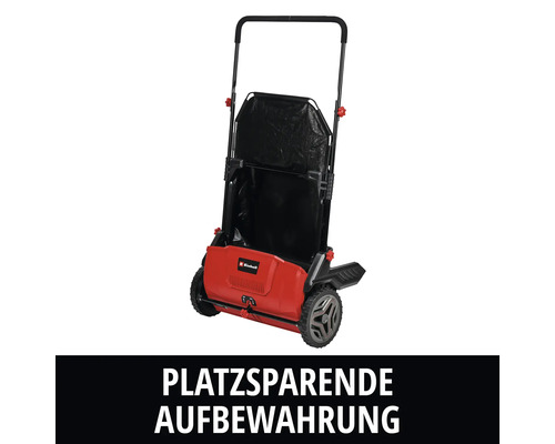 Einhell Vertikutierer in platzsparender, zusammengeklappter Aufbewahrungsposition.