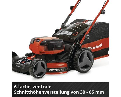 Einhell Rasenmäher mit 6-facher zentraler Schnitthöhenverstellung von 30 bis 65 Millimeter.