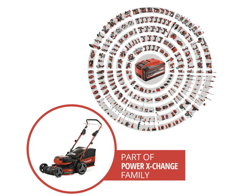 Einhell Rasenmäher als Teil des Power X-Change Akku-Systems mit einer Vielzahl an kompatiblen Elektrowerkzeugen und Gartengeräten.