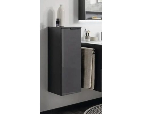 Wandhängender Badmittelschrank in Anthrazit Hochglanz in einem modern gestalteten Badezimmer.