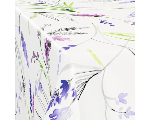 Weiße Tischdecke mit Lavendel-Blumenmuster in Aquarell-Optik.