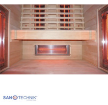 Innenansicht einer Infrarotsauna mit Holzverkleidung, Sitzbank und Infrarotstrahlern. Sanotechnik Logo.