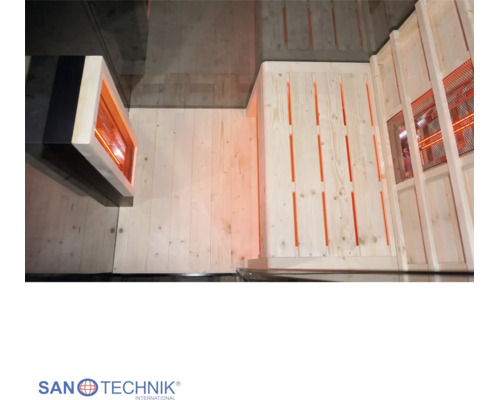 Innenansicht einer Infrarotkabine mit Holzverkleidung, Sitzbank und Infrarotstrahlern. Sanotechnik Logo.
