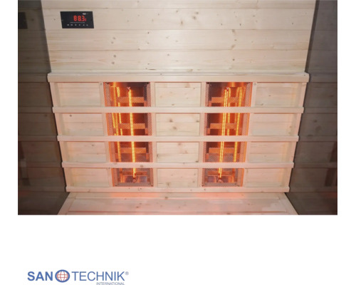 Infrarotkabine von Sanotechnik mit leuchtenden Infrarotstrahlern hinter einer Holzverkleidung und digitalem Display.