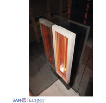 Infrarotstrahler mit Holzrahmen und Schutzgitter für Saunen und Infrarotkabinen, Sanotechnik Logo.