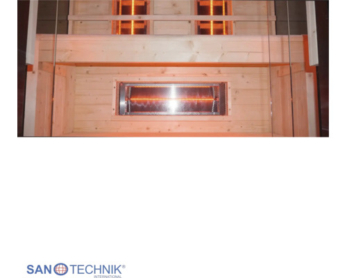 Infrarotkabine aus hellem Holz mit eingeschalteten Infrarotstrahlern unter der Bank und an der Rückwand. Sanotechnik International Logo.