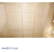 Innenansicht einer Sauna mit hellen Holzpaneelen und vertikalen Stützbalken. Sanotechnik International Logo.