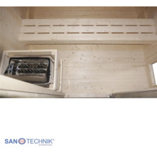 Innenansicht einer Holzsauna mit Lattenbank, Saunaofen mit Holzschutzgitter und Holzverkleidung. Sanotechnik International Logo.