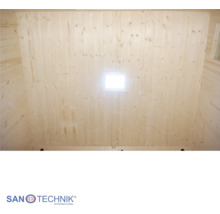 Innenansicht einer Sauna mit hellen Holzpaneelen und quadratischer Deckenleuchte. Sanotechnik Logo.