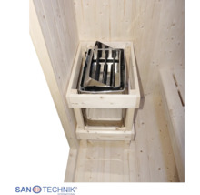 Saunaofen aus Edelstahl mit Holzschutzgitter in einer hellen Holzsauna. Sanotechnik Logo.