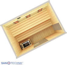 Draufsicht einer Saunakabine aus Holz mit Sitzbänken, Infrarotstrahlern und Saunaofen mit Steinen. Sanotechnik International Logo.