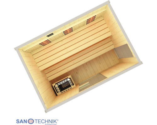 Draufsicht einer Saunakabine aus Holz mit Sitzbänken, Infrarotstrahlern und Saunaofen mit Steinen. Sanotechnik International Logo.