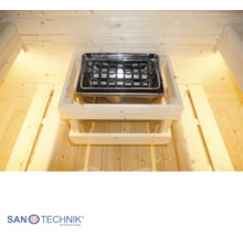 Saunaofen aus Edelstahl mit Holz-Schutzgeländer in einer hellen Saunakabine aus Holz. Sanotechnik International Logo.