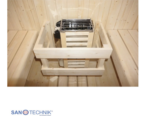 Saunaofen mit Saunasteinen und Schutzumrandung aus Holz zwischen Sitzbänken in einer Sauna aus Holz. Sanotechnik International Logo.