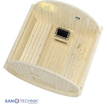 Sanotechnik Logo. Innenansicht einer Fasssauna aus hellem Holz mit zwei Bänken, Saunaofen, Holzeimer und Thermometer.