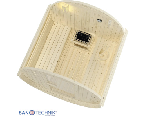 Sanotechnik Logo. Innenansicht einer Fasssauna aus hellem Holz mit zwei Bänken, Saunaofen, Holzeimer und Thermometer.