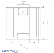 Technische Zeichnung eines Sauna-Grundrisses mit einem 6 Kilowatt Ofen und Maßen von 1850 mal 1800 Millimetern. Sanotechnik Logo.
