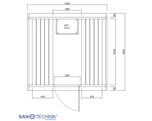 Technische Zeichnung eines Sauna-Grundrisses mit einem 6 Kilowatt Ofen und Maßen von 1850 mal 1800 Millimetern. Sanotechnik Logo.