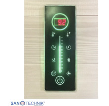 Digitale Saunasteuerung von Sanotechnik mit Anzeige für Temperatur, Zeit, Licht und Bluetooth. Sanotechnik International Logo.