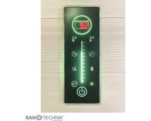 Digitale Saunasteuerung von Sanotechnik mit Anzeige für Temperatur, Zeit, Licht und Bluetooth. Sanotechnik International Logo.